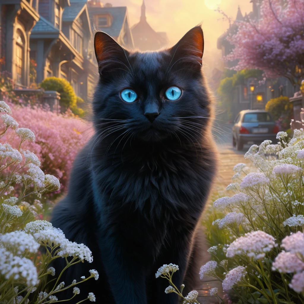 Black cat with crystal eyes among soft pink flowers