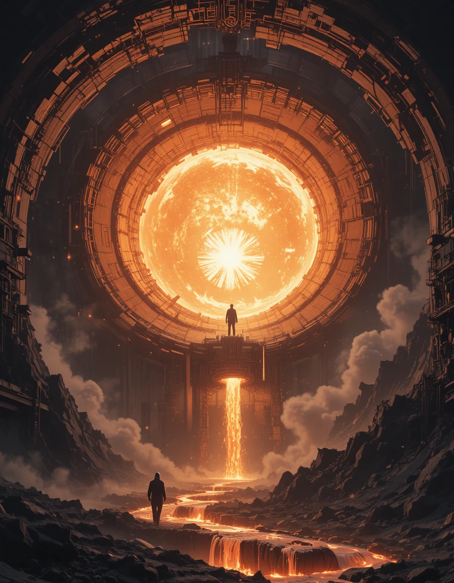 Colossal forge machinery suspended within a blazing star