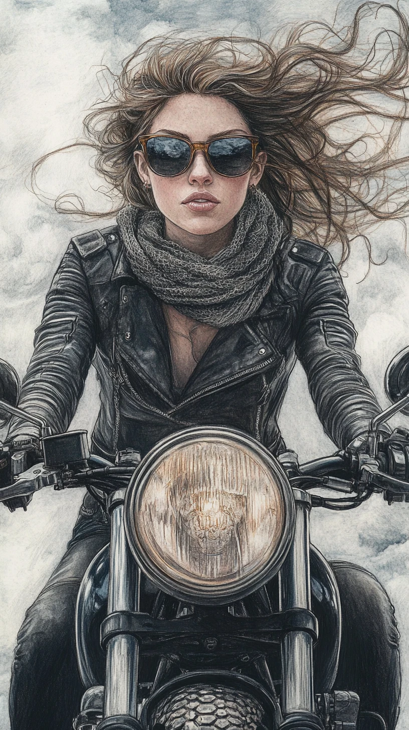 Woman on vintage motorcycle riding into the wind