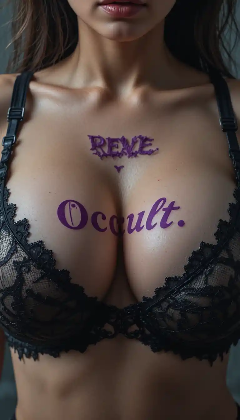 Extreme close up of a woman in a bra with text