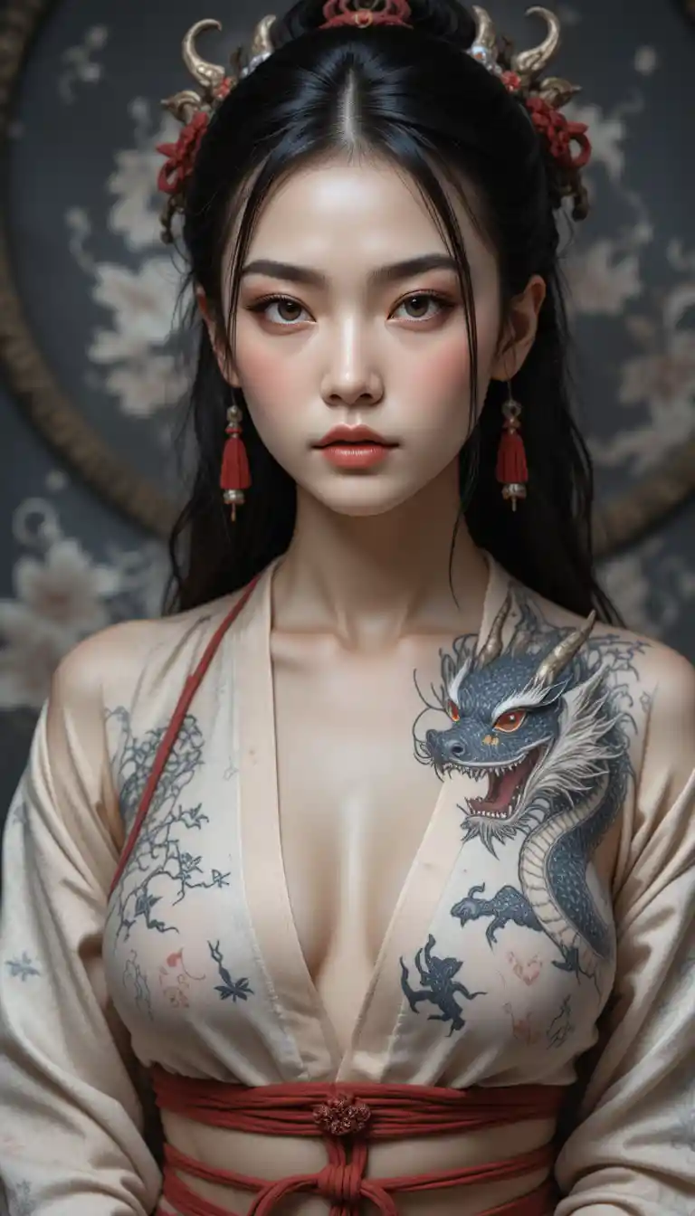 Asian woman with dragon tattoo and red rope belt
