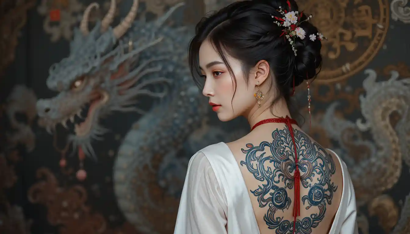 Asian woman with dragon tattoo and red rope belt