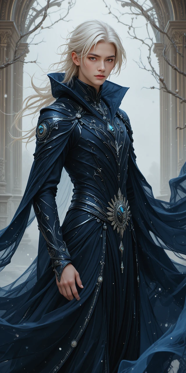 Agile fantasy man with ash hair in flowing layered robes