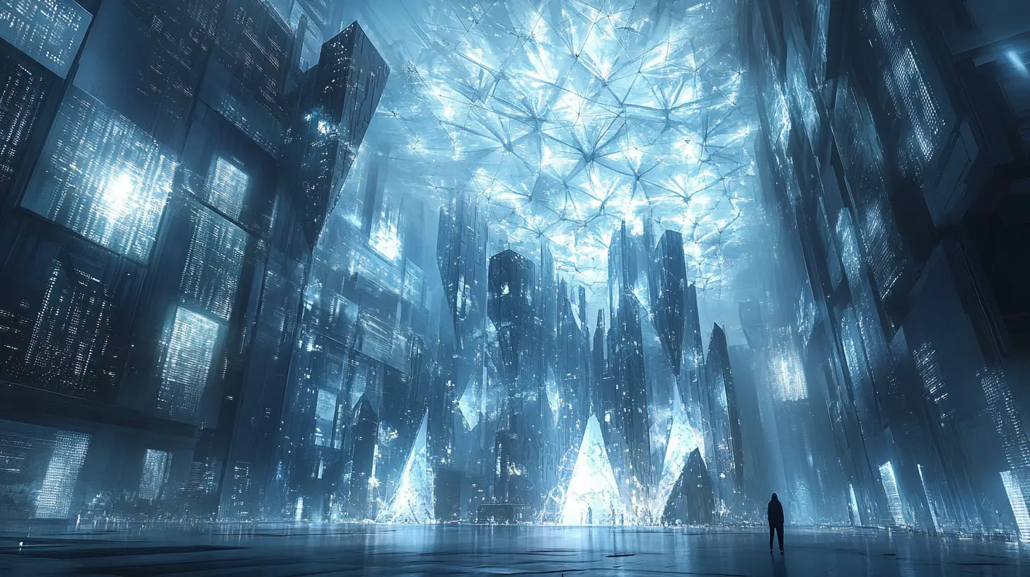Futuristic city of geometric towers and glowing data panels