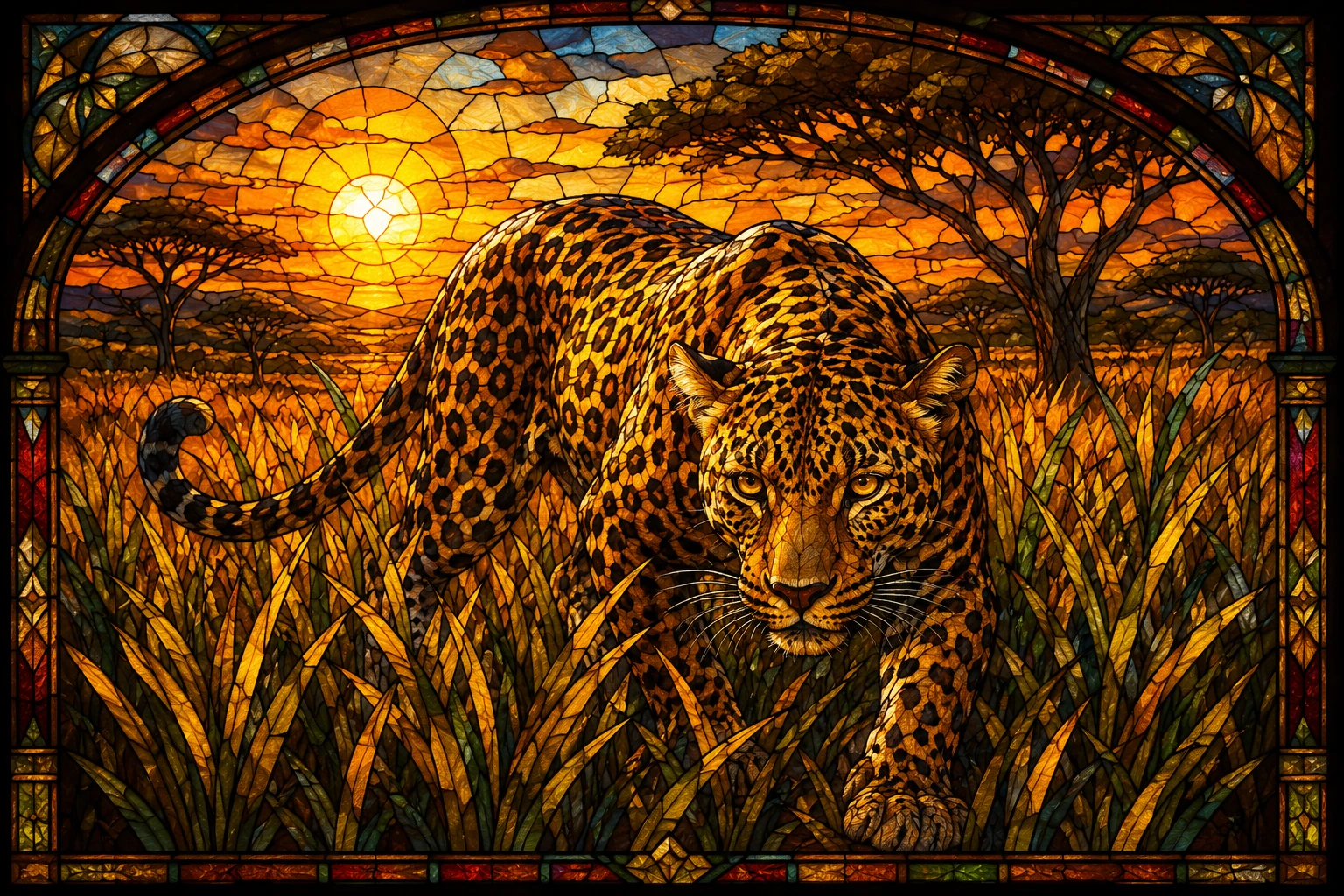 Stained glass leopard stalking through savanna at golden hour