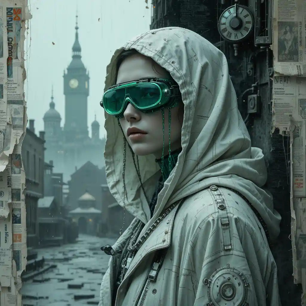 Cyberpunk woman in rain before futuristic garden city