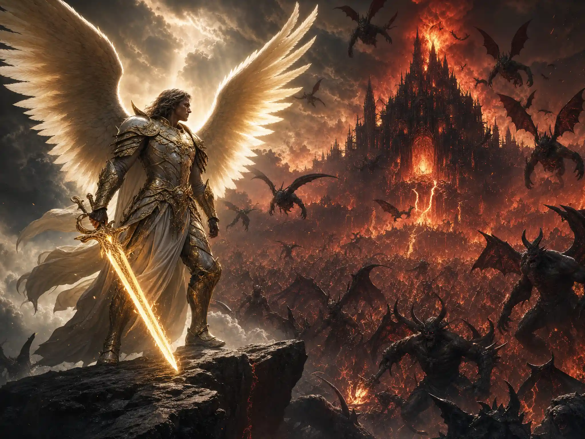 Angel of justice guarding the burning demon fortress