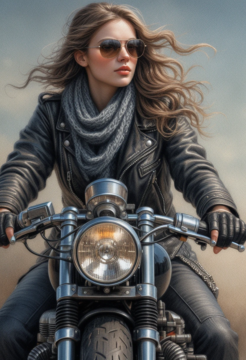 Donna sicura di sé alla guida di una moto d’epoca verso l’osservatore