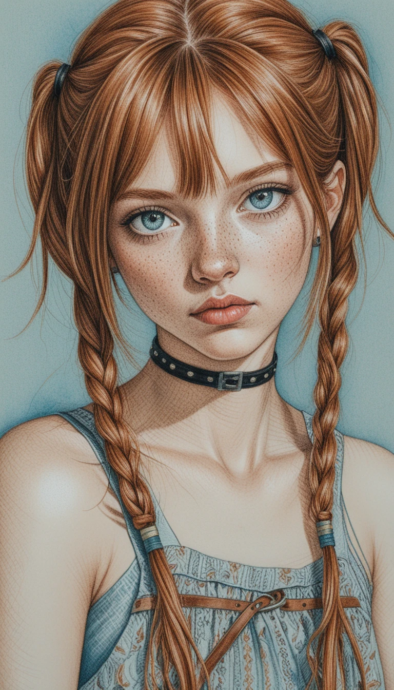Freckled girl with braids in cross hatched pencil portrait