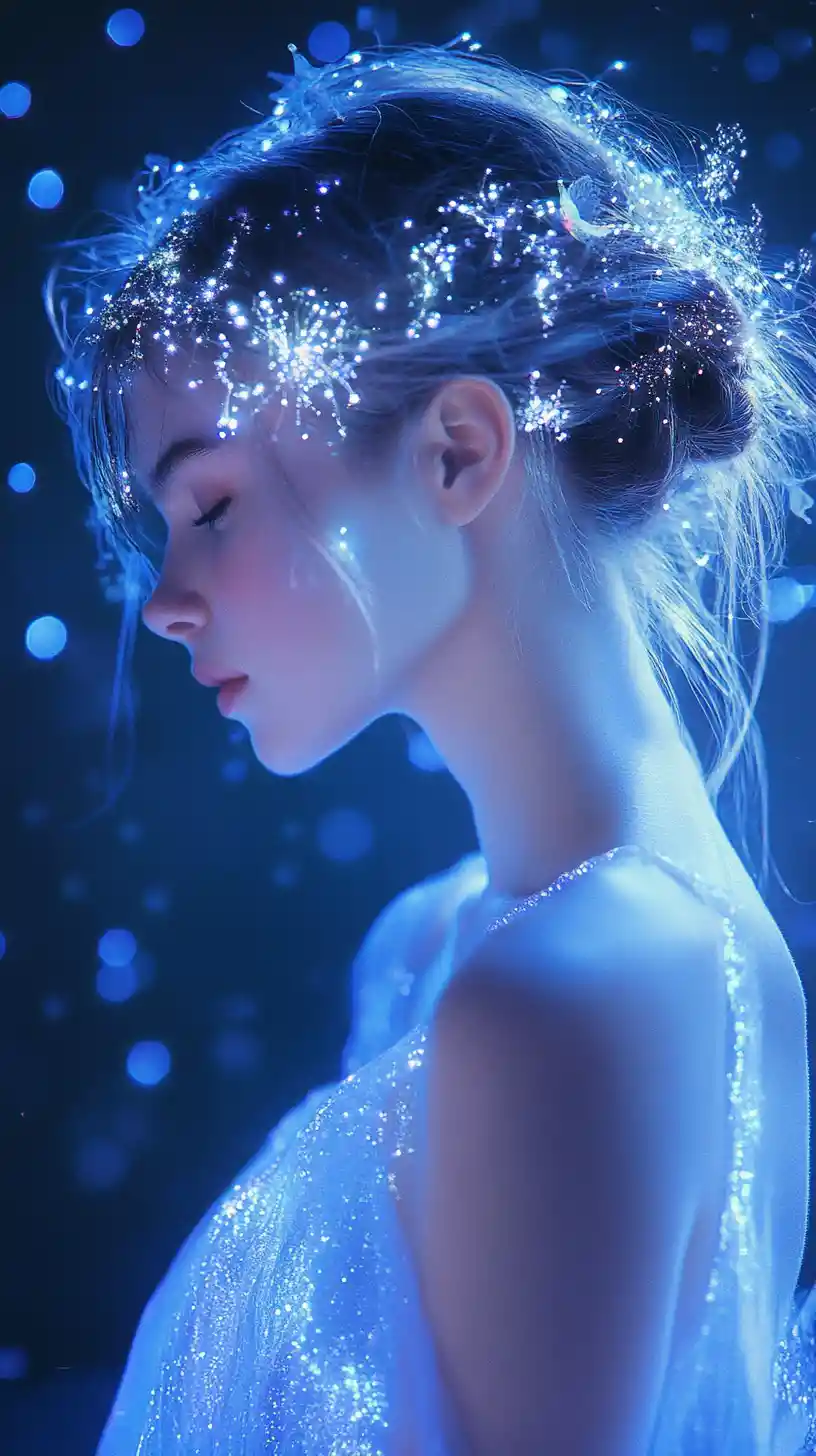 Young woman in glowing gown against a cosmic blue void