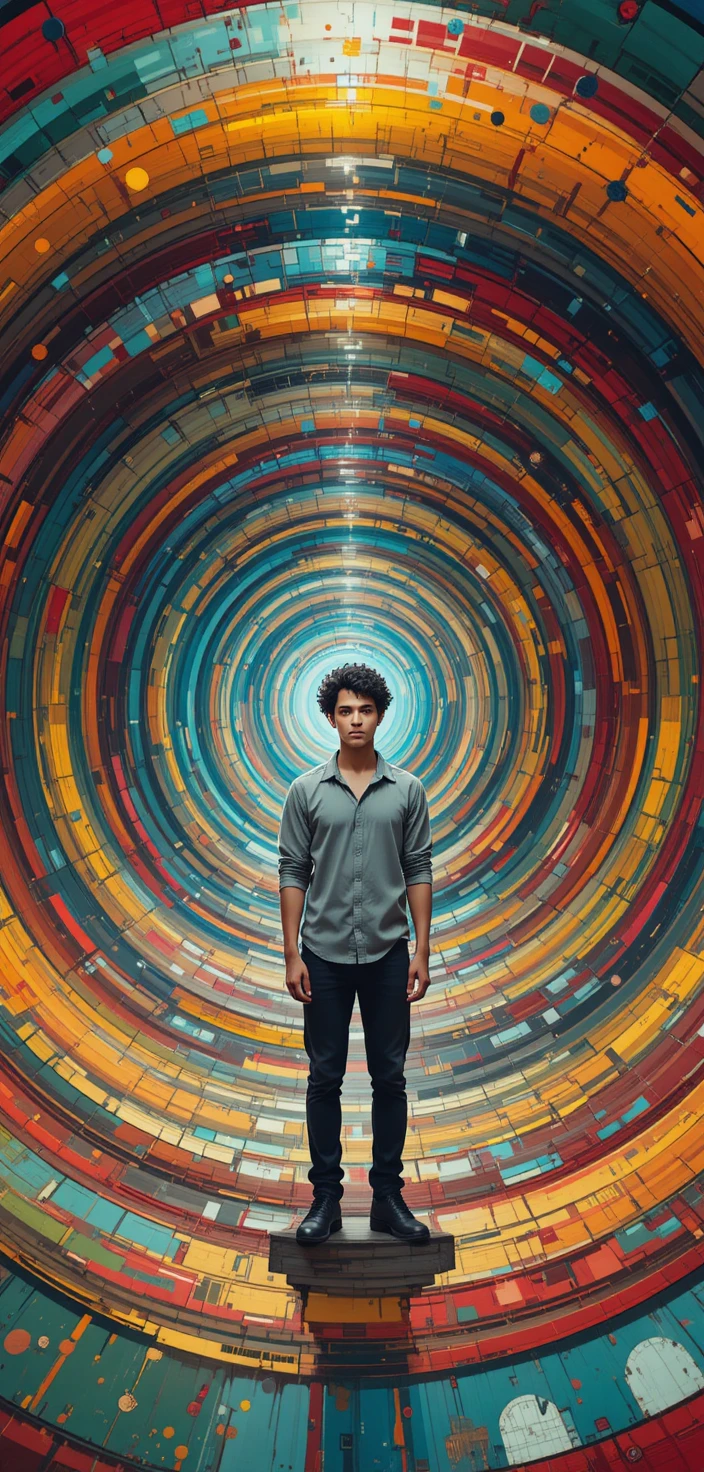 Man standing in a colorful spiral tunnel digital painting