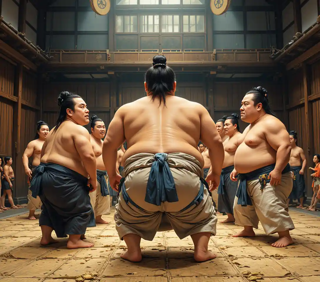 Sumo wrestlers training in traditional indoor wrestling arena