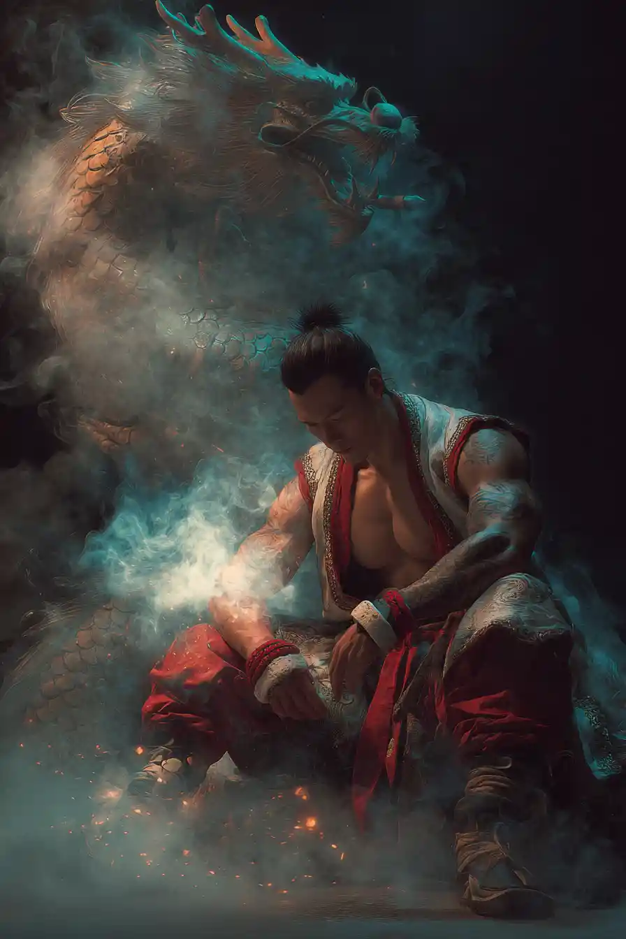 Meditating dragon warrior protected by a guardian dragon