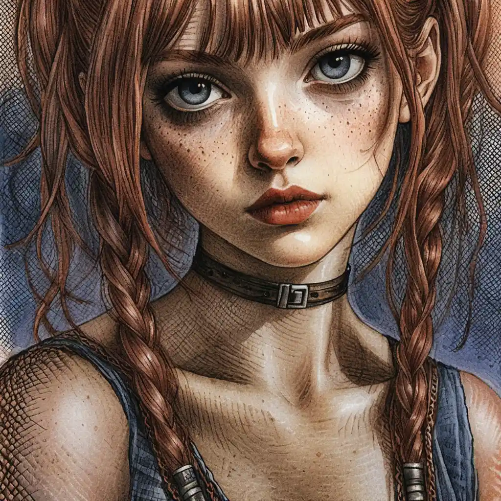 Young freckled girl portrait with braided auburn hair