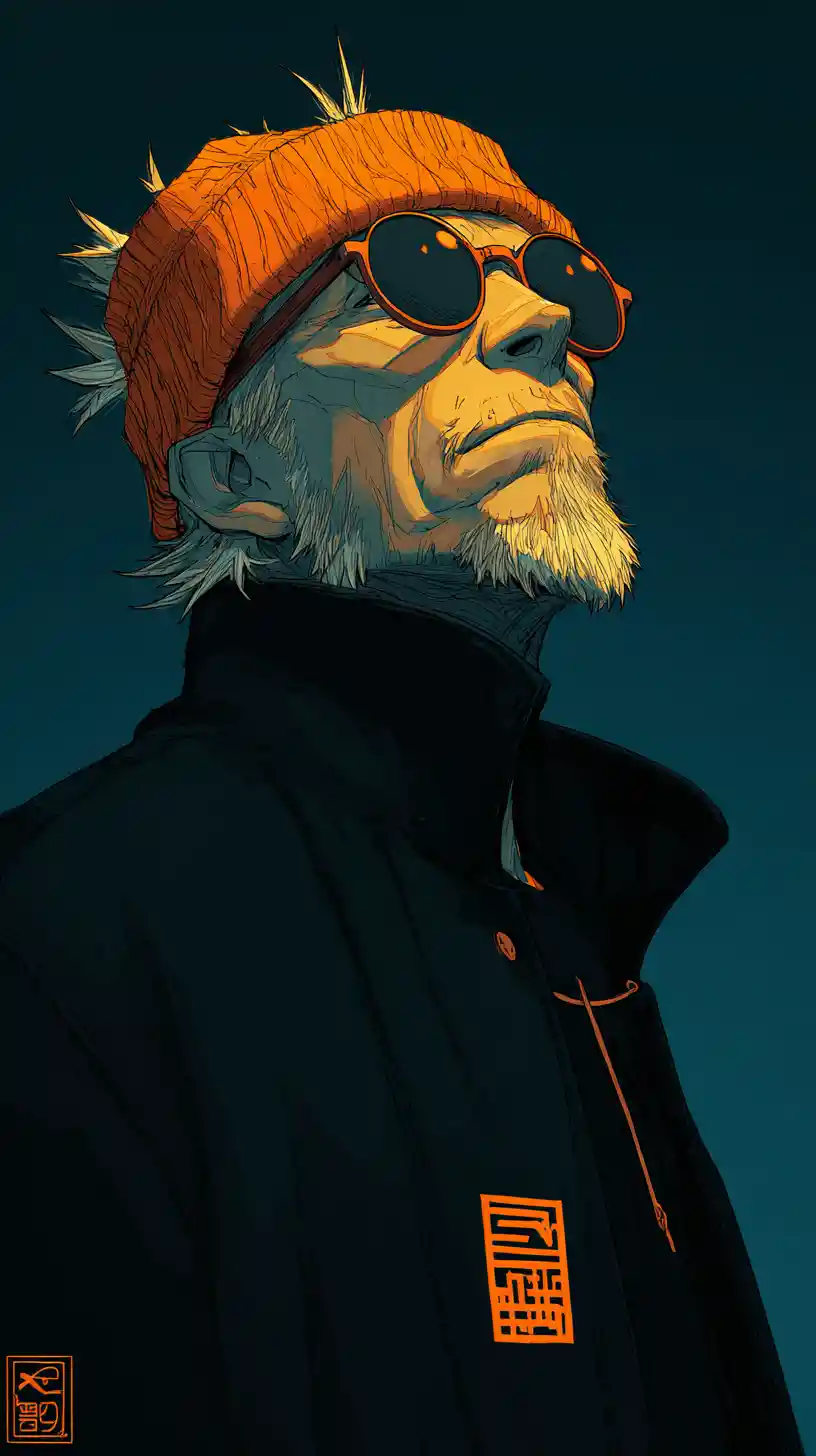 Stylish man in orange beanie under dramatic top lighting