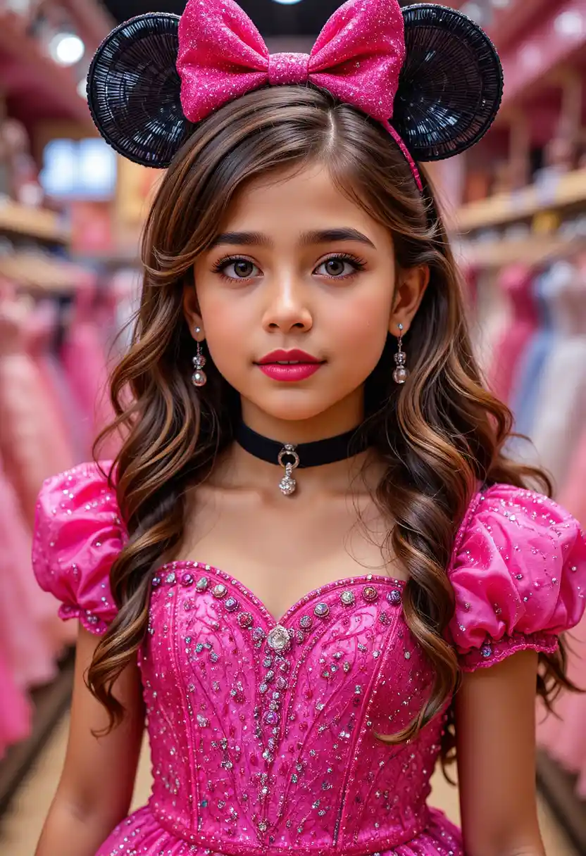 Shy young princess in a pink Minnie Mouse dress