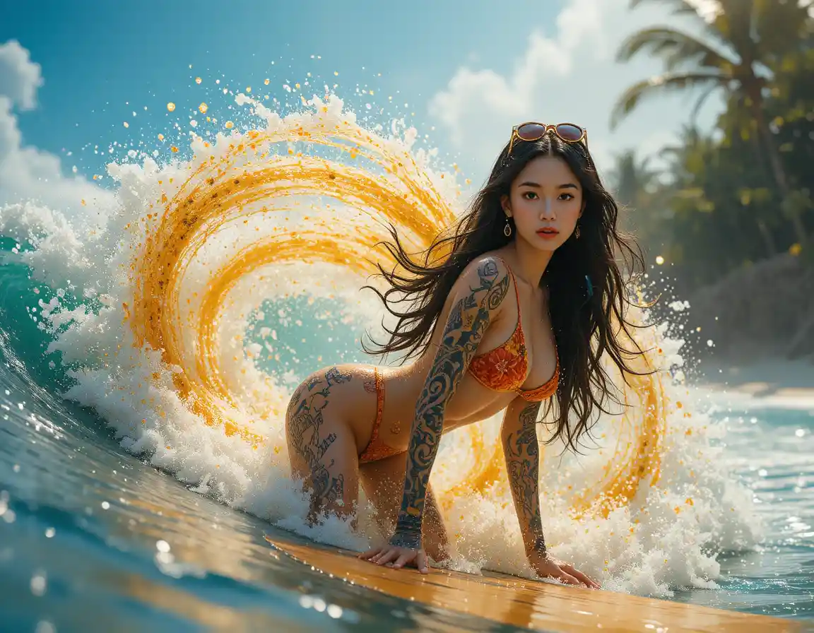 Tattooed surfer woman in crashing golden ocean waves