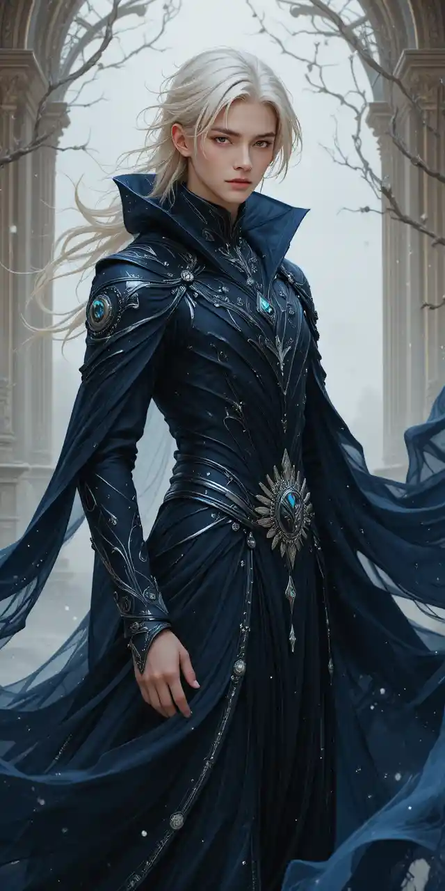 Agile fantasy man with ash hair in flowing layered robes