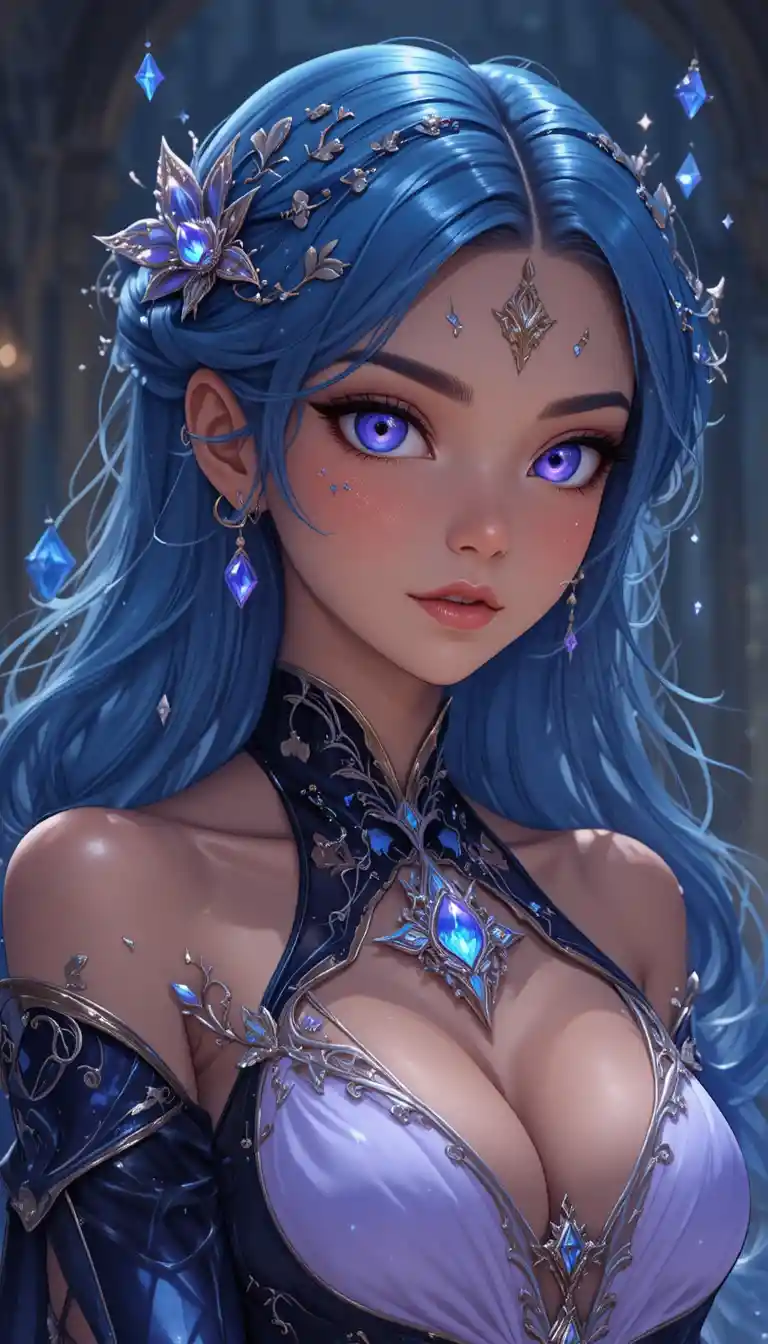 Young anime sorceress with glowing violet eyes and aura