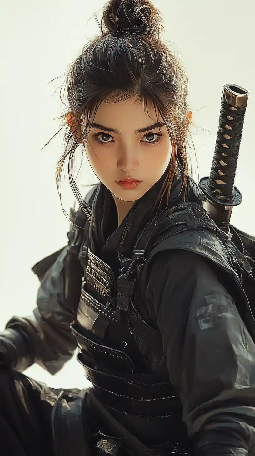 Calm young samurai woman in armor in minimalist studio