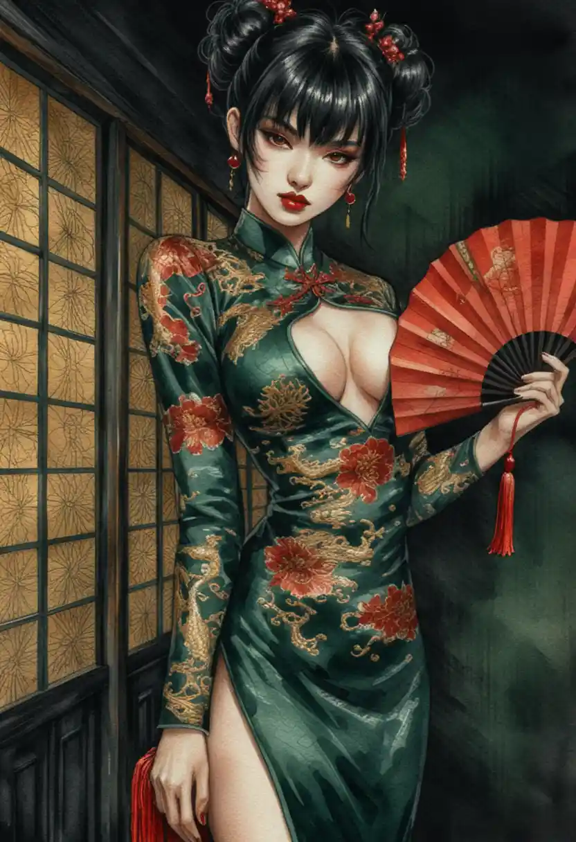 Dark haired woman in emerald cheongsam with folding fan