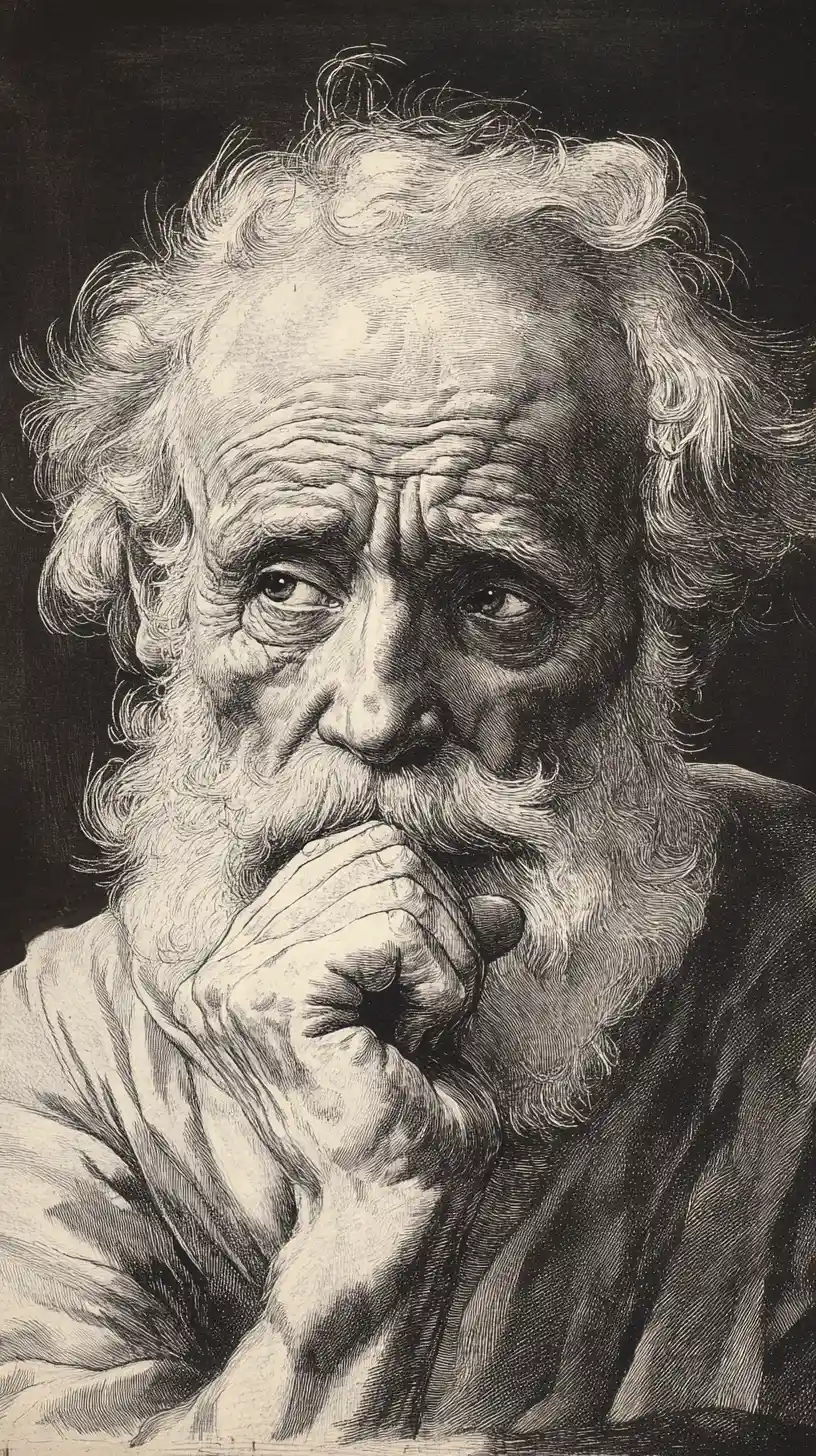 Engraved portrait of a thoughtful old man in deep reflection