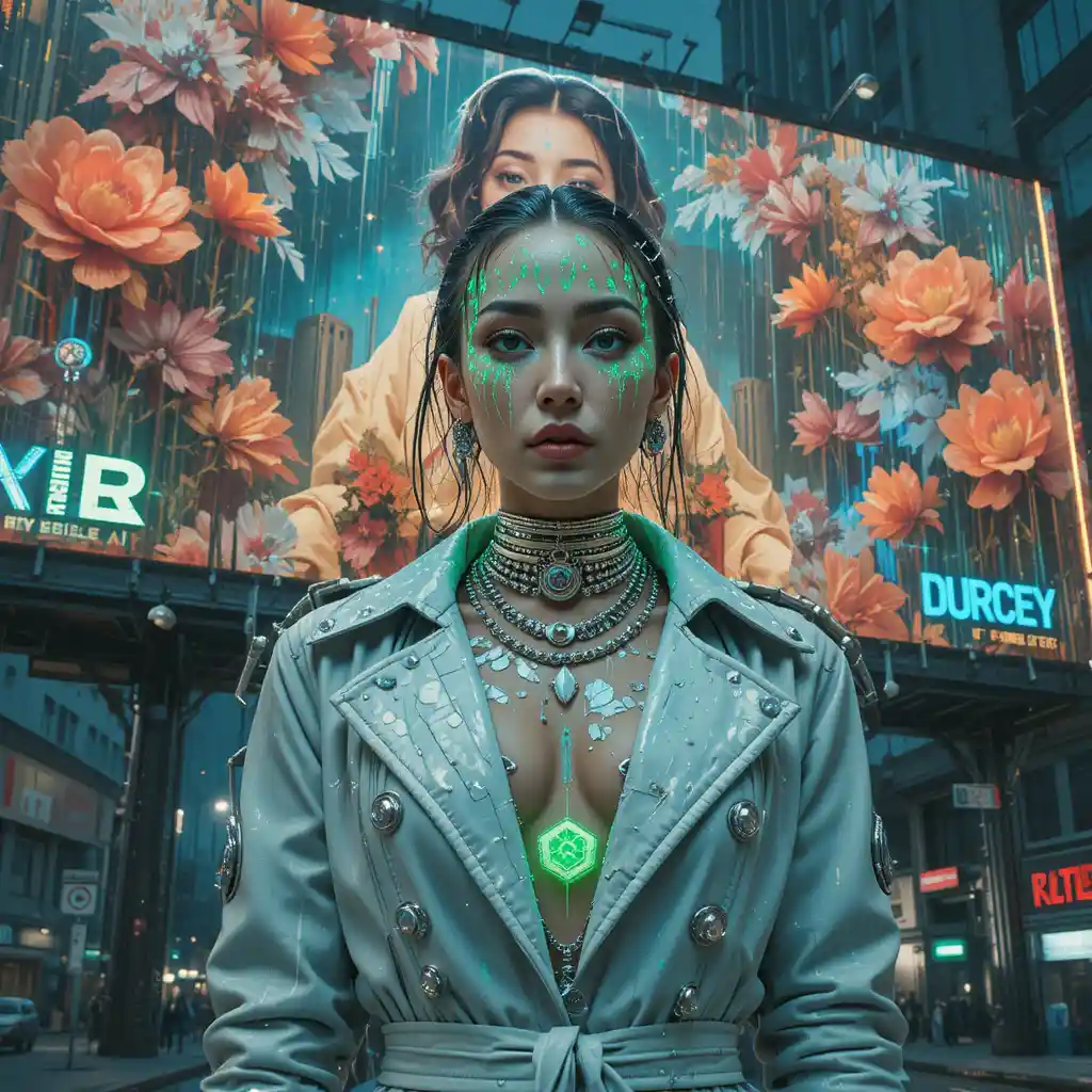 Woman in white trench coat with glitching neon circuitry