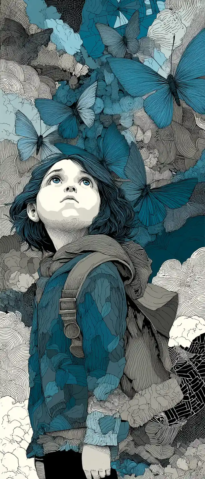 Melancholic anime child in intricate zentangle butterflies