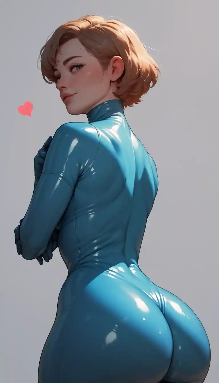 Curvy short haired woman in shiny latex bodysuit