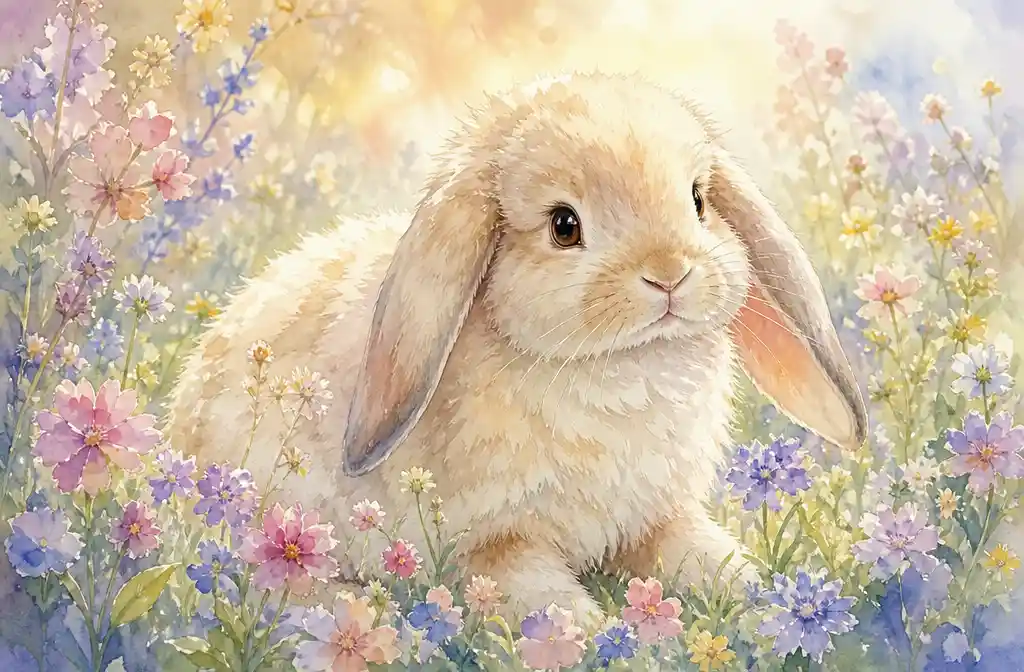 Watercolor rabbit resting among soft pastel wildflowers