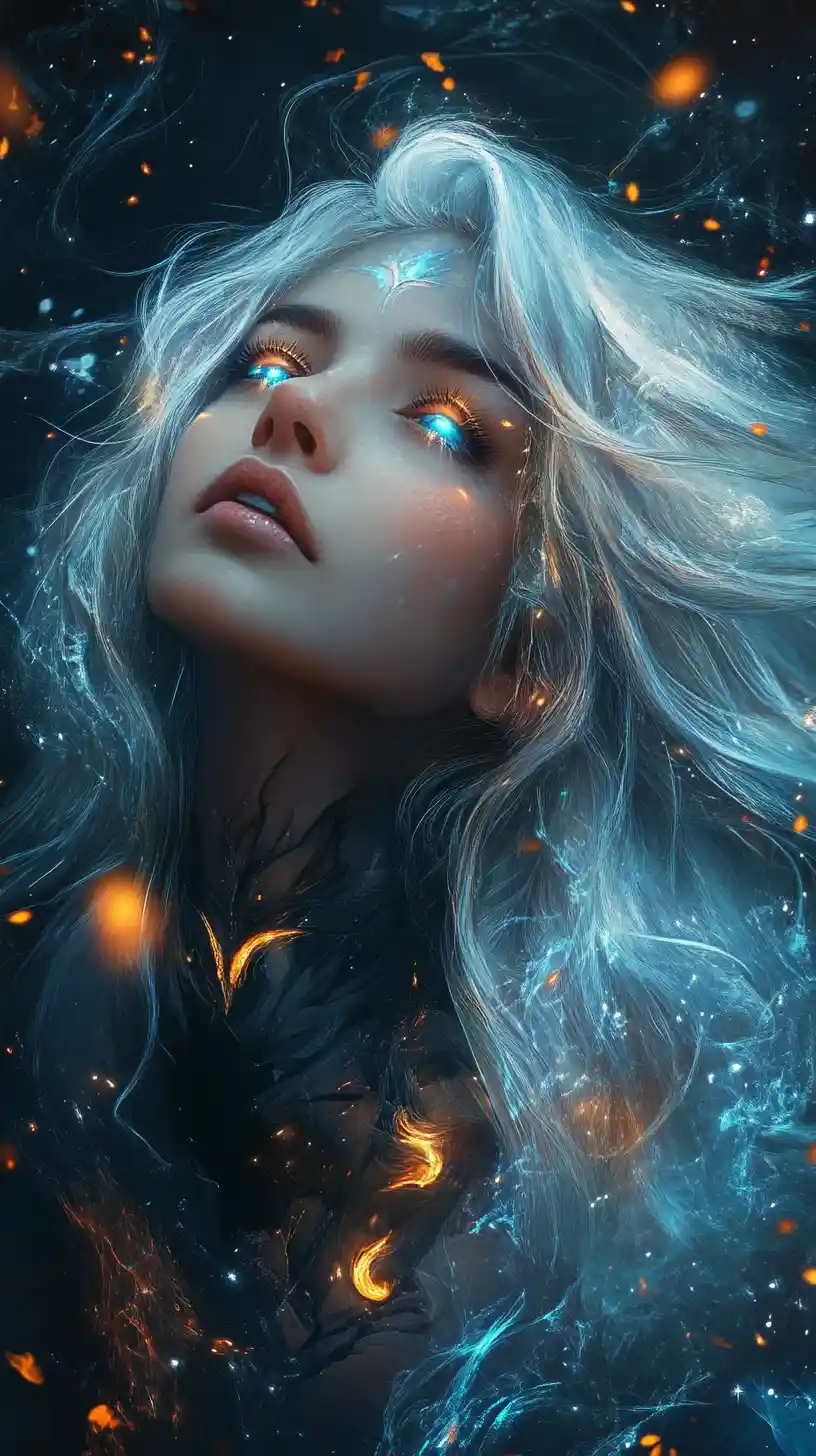Ethereal white haired woman glowing in a cosmic void