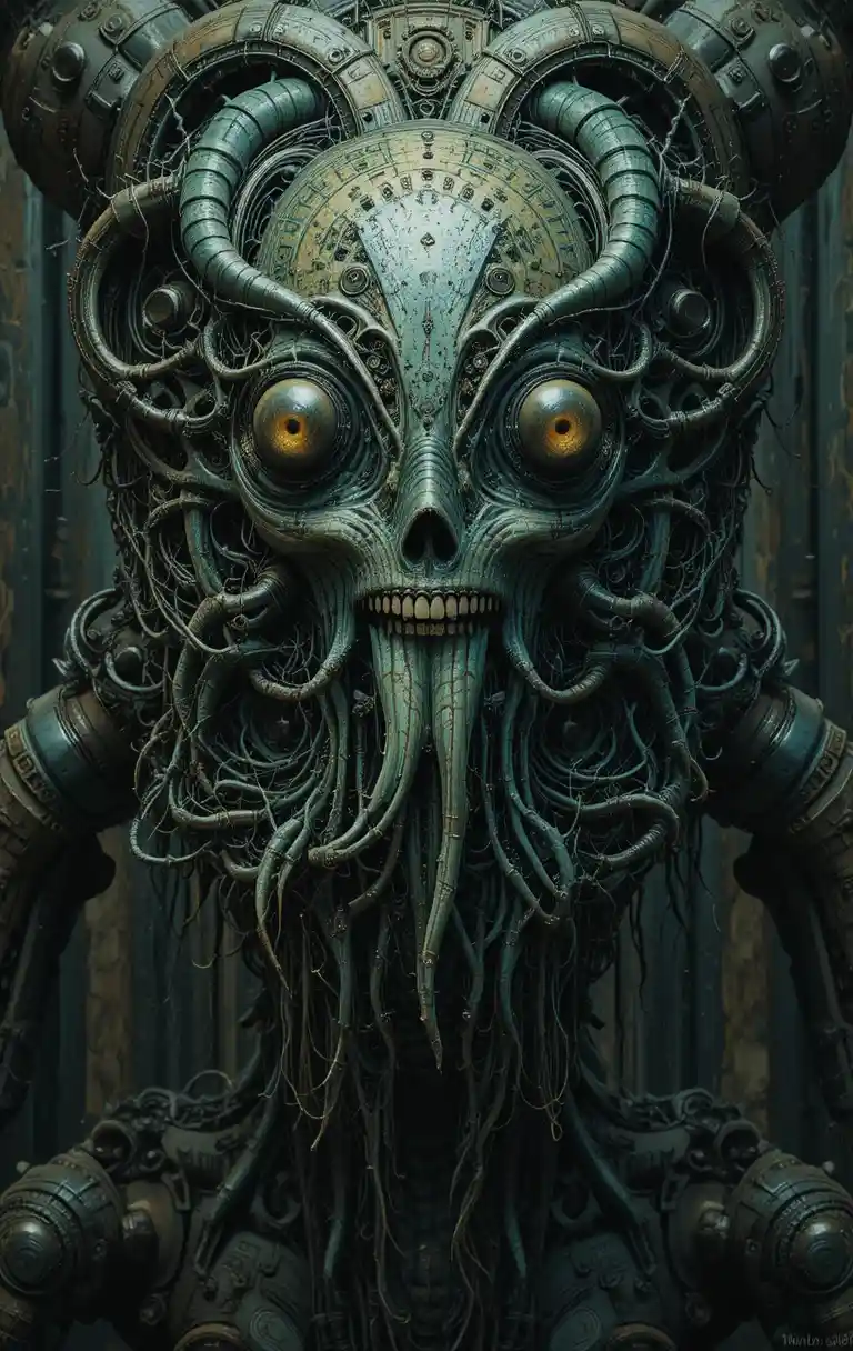 Parasitic biomechanical organism in industrial green tones