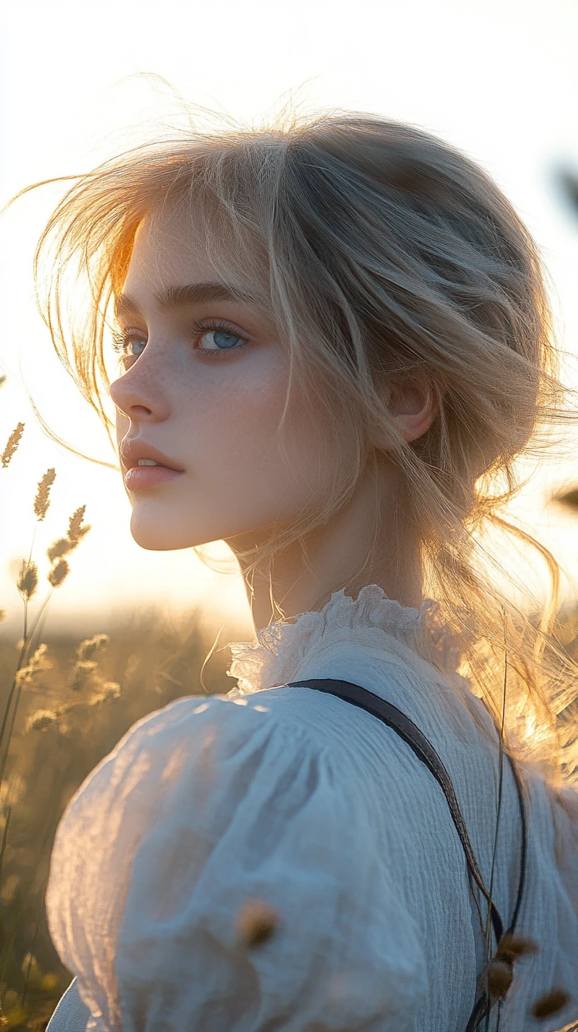 Young blonde woman in profile in a glowing sunlit field