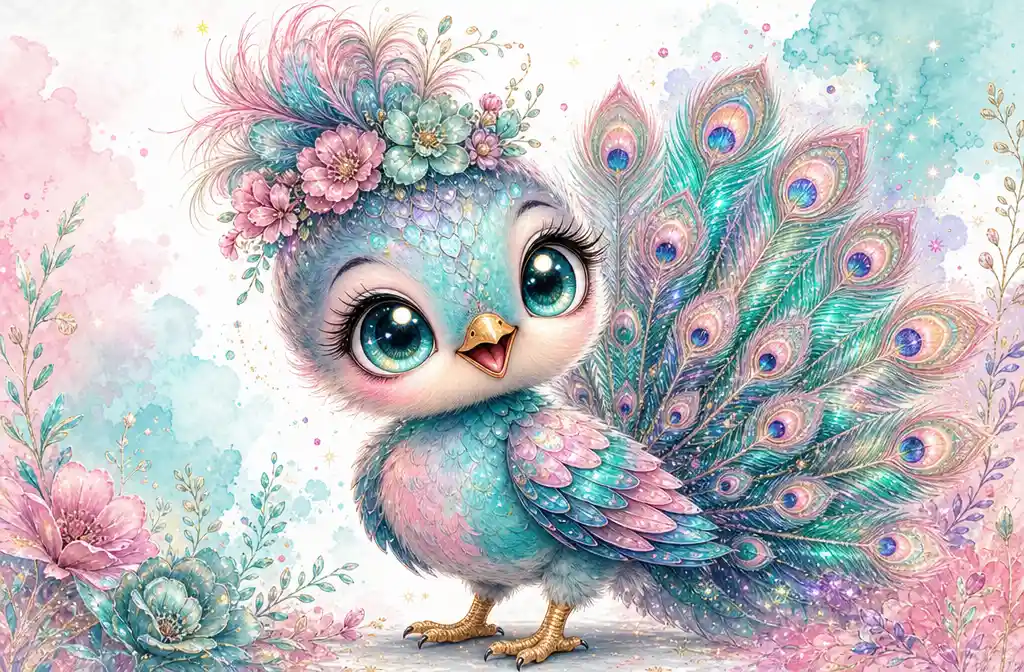 Cute chibi baby peacock bird with floral crown