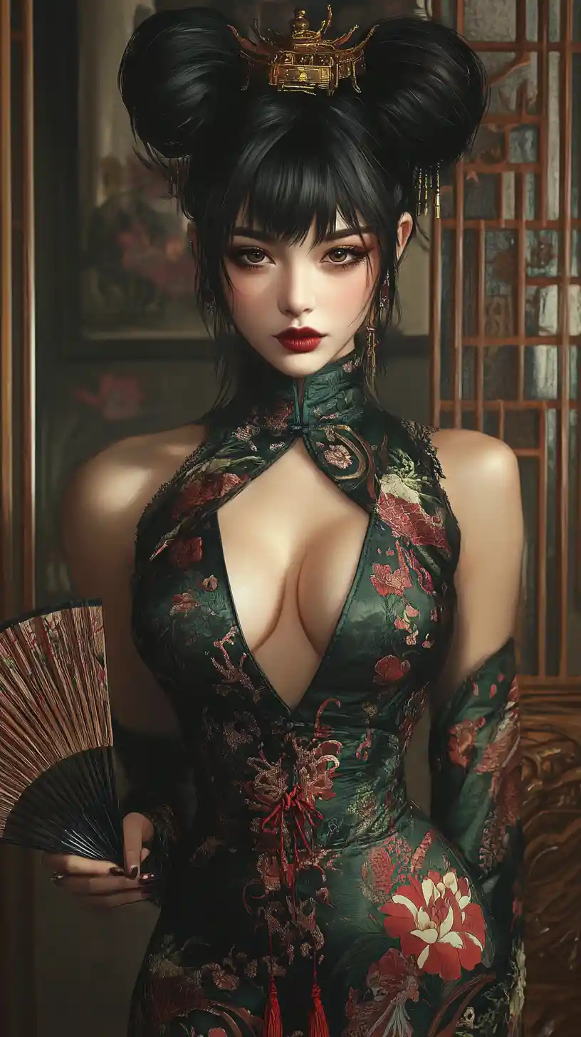 Mysterious woman in emerald cheongsam with fan in shadowy room