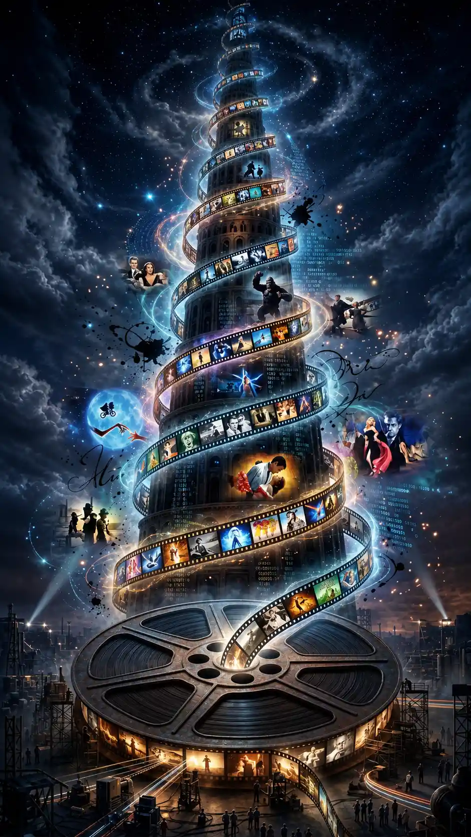 Towering spiral film reel rising into a luminous mist