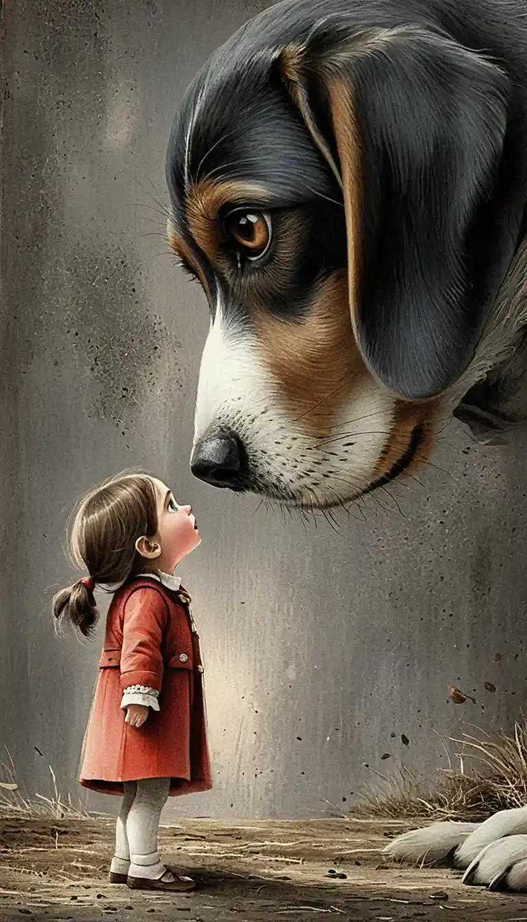 Giant beagle facing a tiny curious girl in illustration