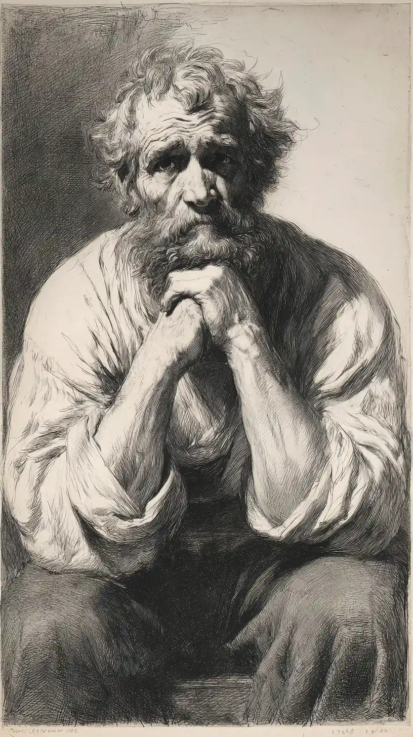 Charcoal portrait of a pensive old man with hands to face