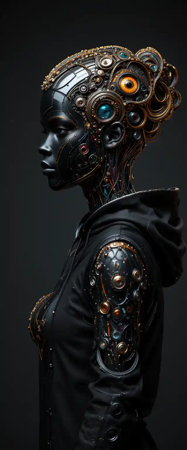 Black robot in hoodie with neon futuristic studio look