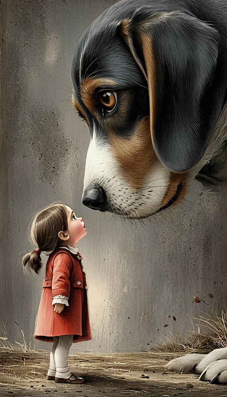 Giant beagle facing a tiny curious girl in illustration