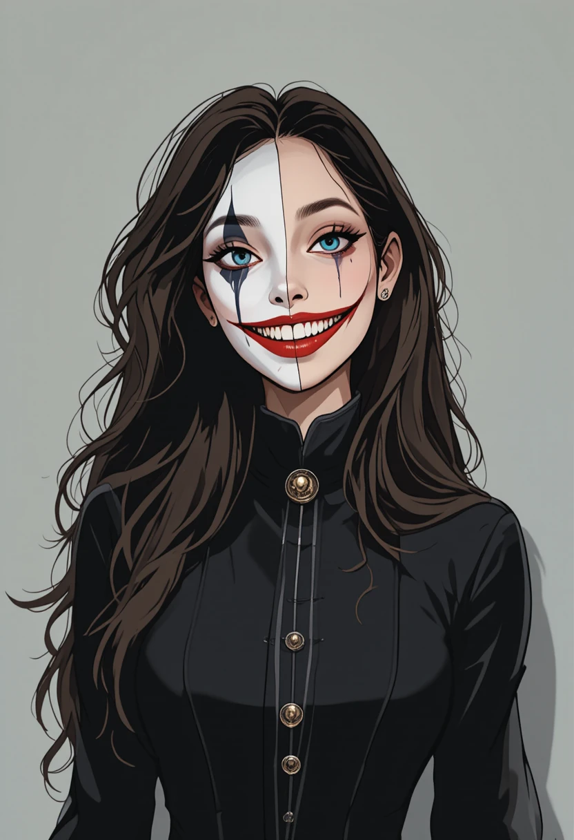 Young woman half clown face in gothic black outfit