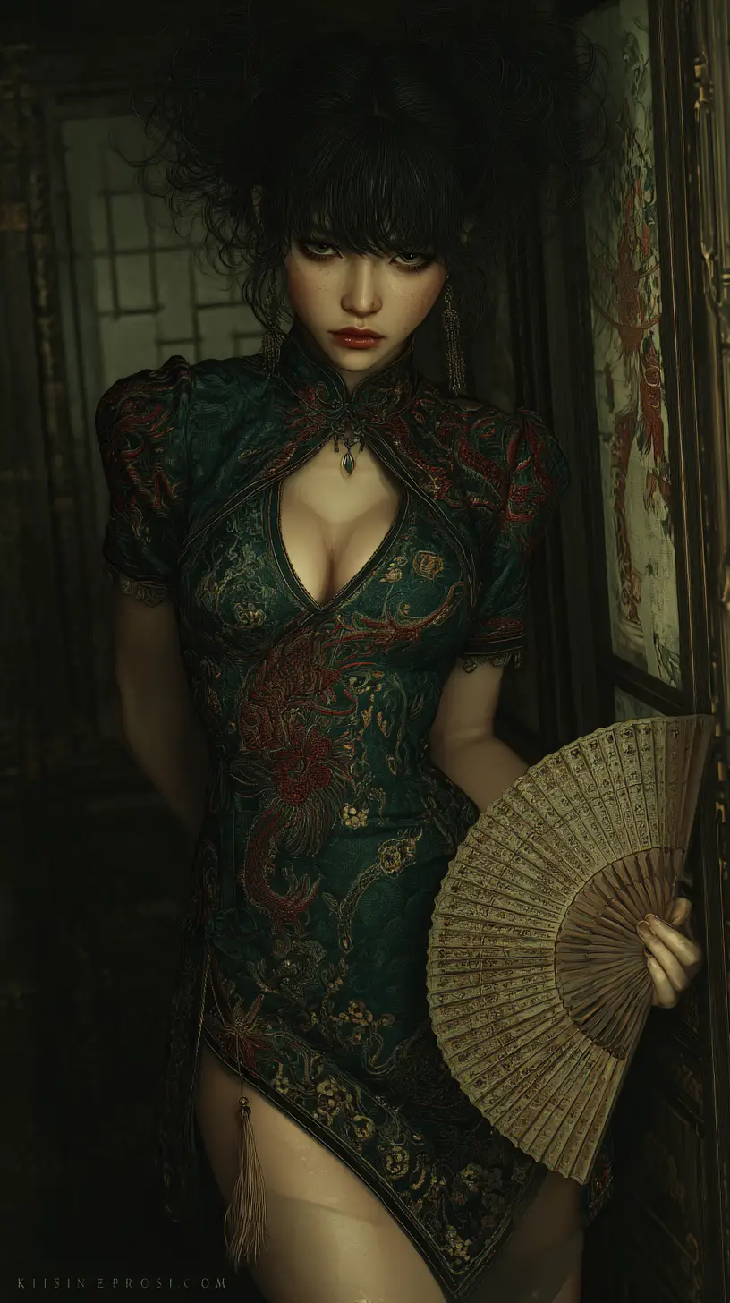 Dark fantasy woman in emerald cheongsam with fan