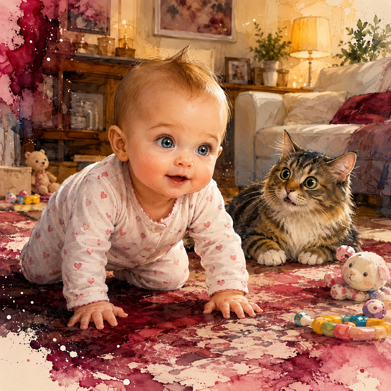 Baby girl crawling on carpet with curious cat nearby
