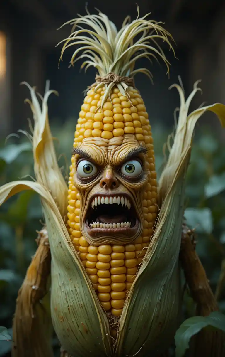 Angry cartoon corn stalk flashing with wide googly eyes