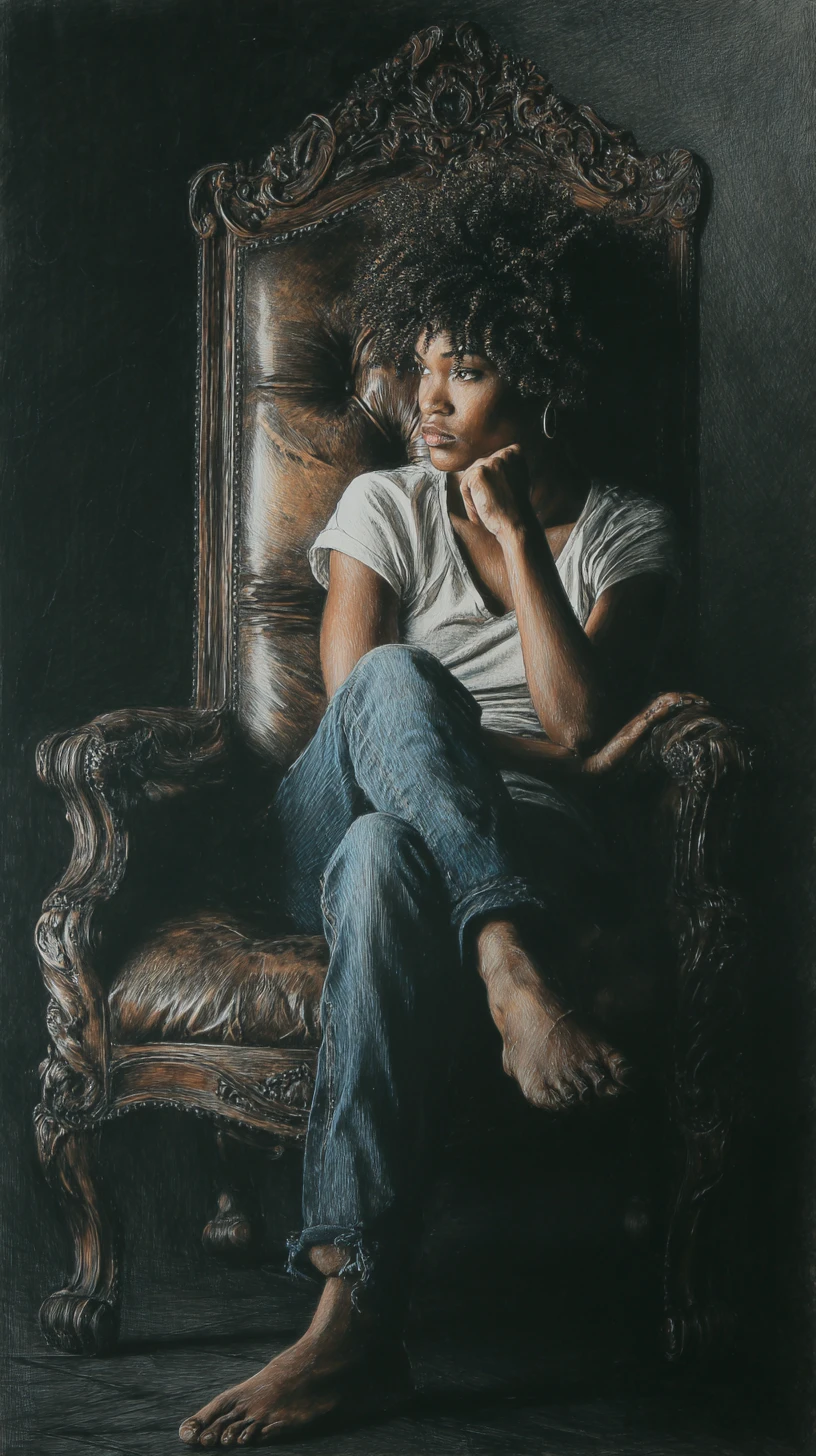Pensive young woman reclining barefoot in an antique armchair