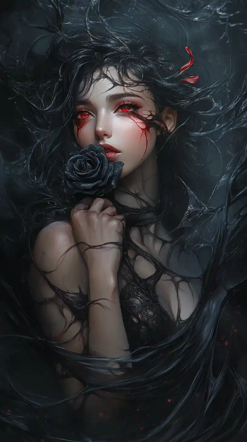 Dark haired woman with black rose in gothic void