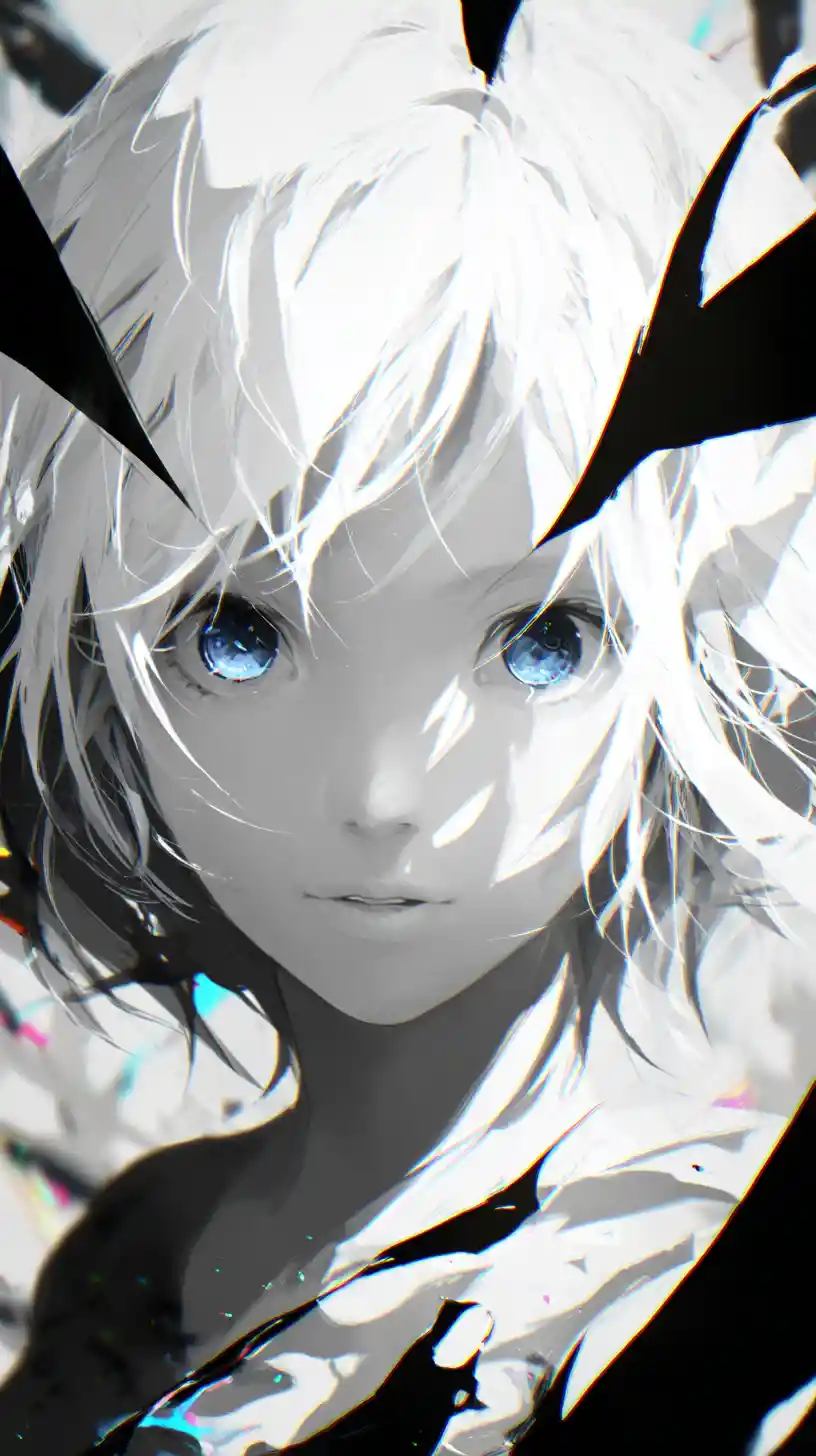 Anime girl with glowing blue eyes in abstract contrast