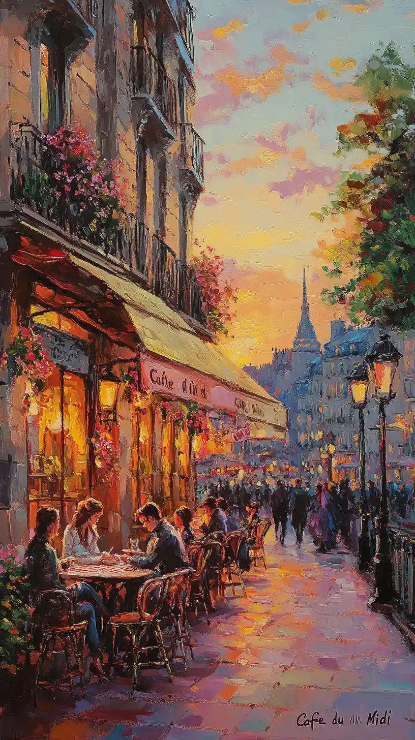 Paris street cafe at golden hour with lively evening crowd