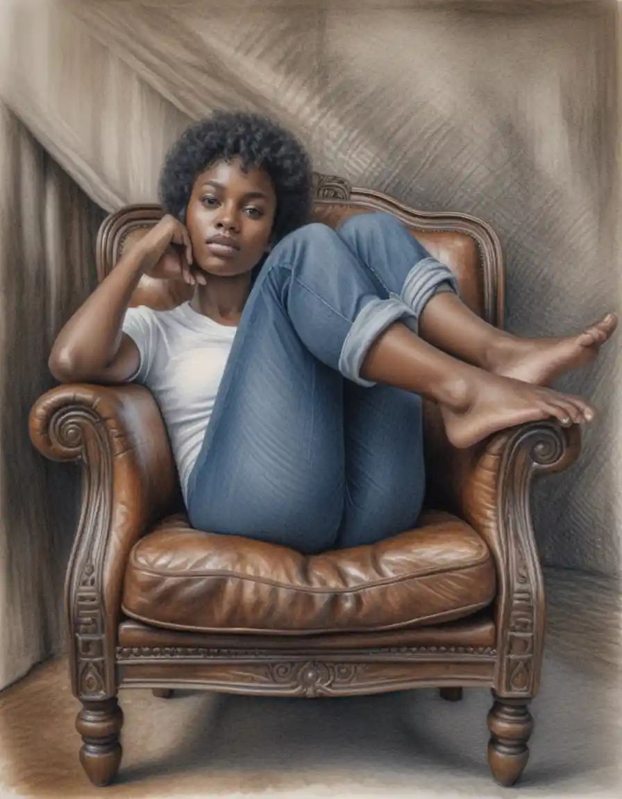 Young woman reclining thoughtfully in an antique leather armchair