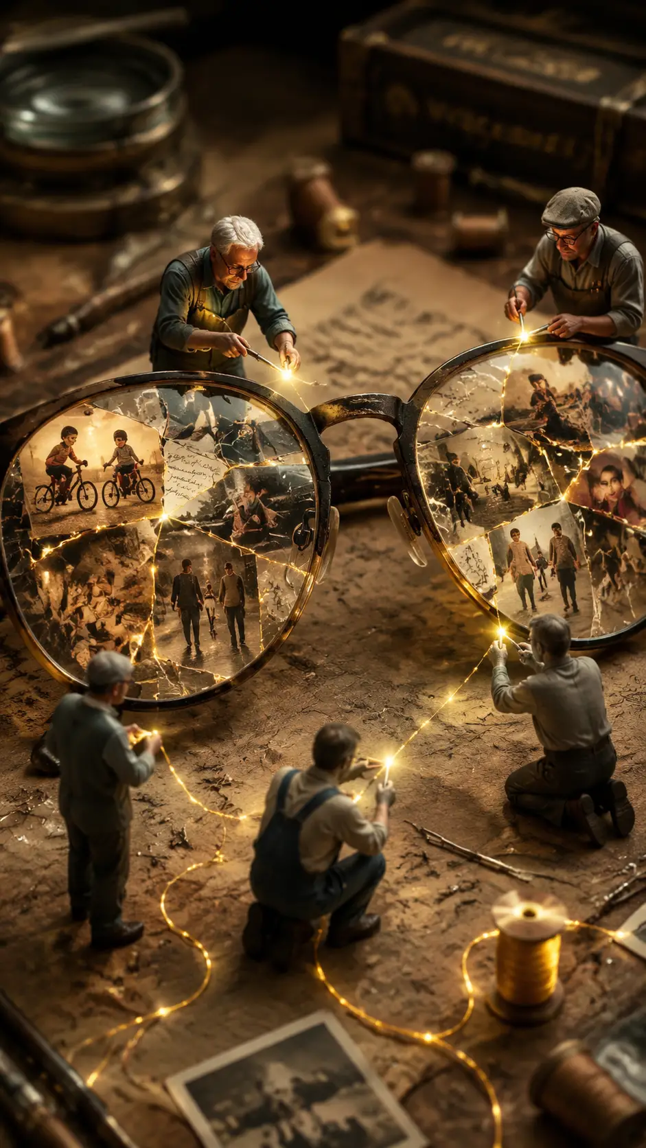 Tiny workers repairing shattered memory filled glasses